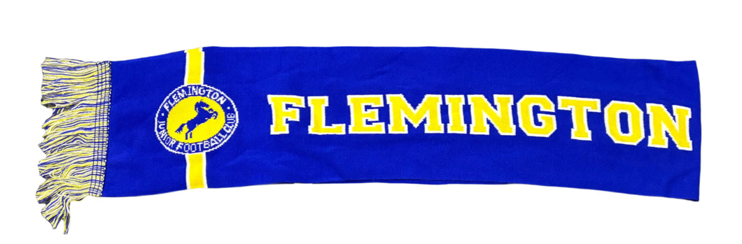 Blue scarf with yellow text and logo on a gray surface